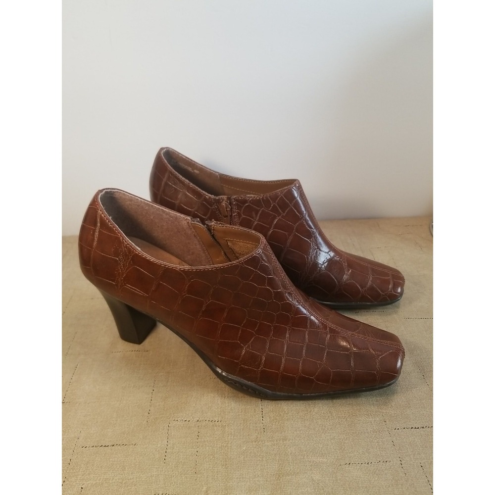 Aerosoles Womens 9 Brown Crock Print Vegan Leather Shoe Booties Classy Office